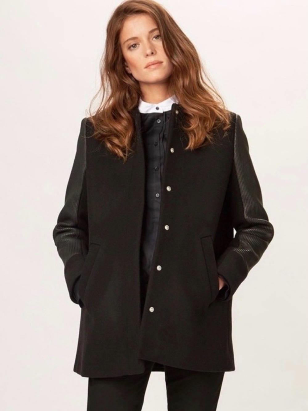 Maje Gizya Wool Cashmere Leather Sleeve Coat FR 36 / US 4 Small